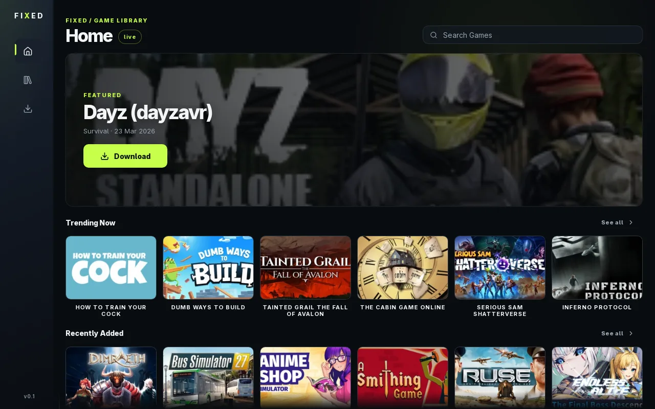 FIXED home with catalog, hero banner and game rails